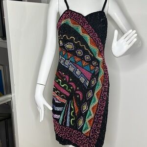 Together! Sz 8 Beaded Multi Color Semi Structured Bodice Zip Dress